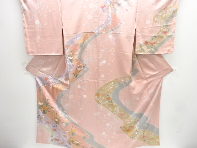 未使用品　仕立て上がり　作家物　流水に鴛鴦・草花模様刺繍訪問着